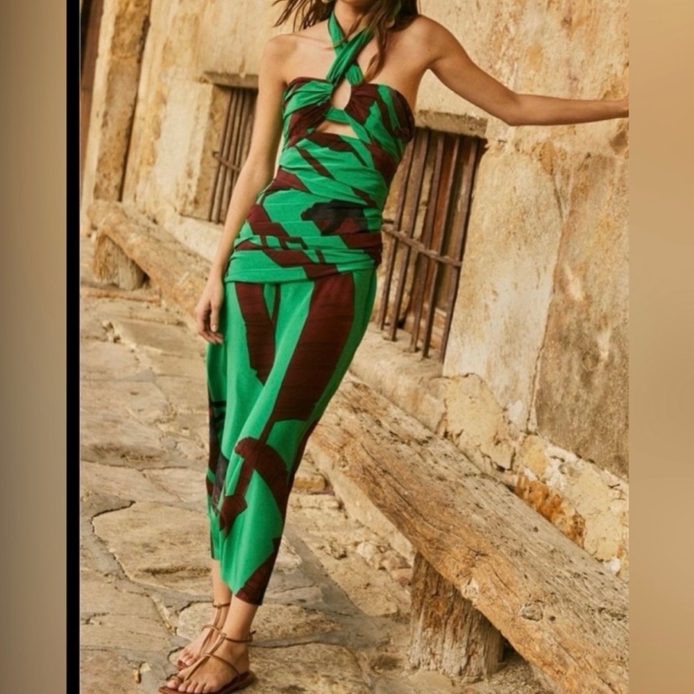 Johanna Ortiz - Green and Brown Halter Dress NWT